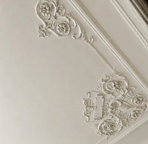 Soffitto chiaro con decori in stucco: volute, rosette e un cartiglio floreale lungo la cornice