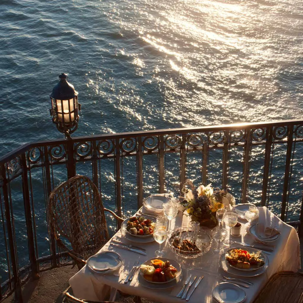 Tavola apparecchiata su una terrazza a picco sul mare
